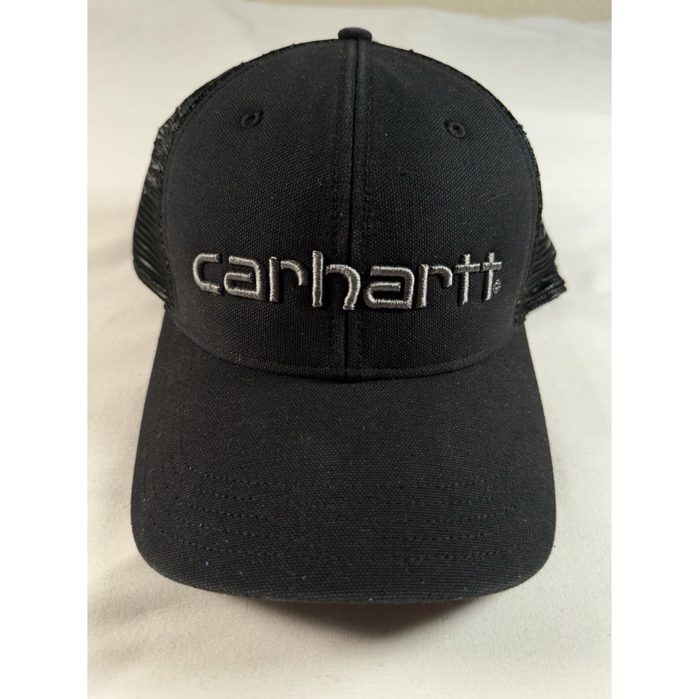 Carhartt Mesh Back Cap Hat Men Black Silver Embroidered Raised Logo Adjustable